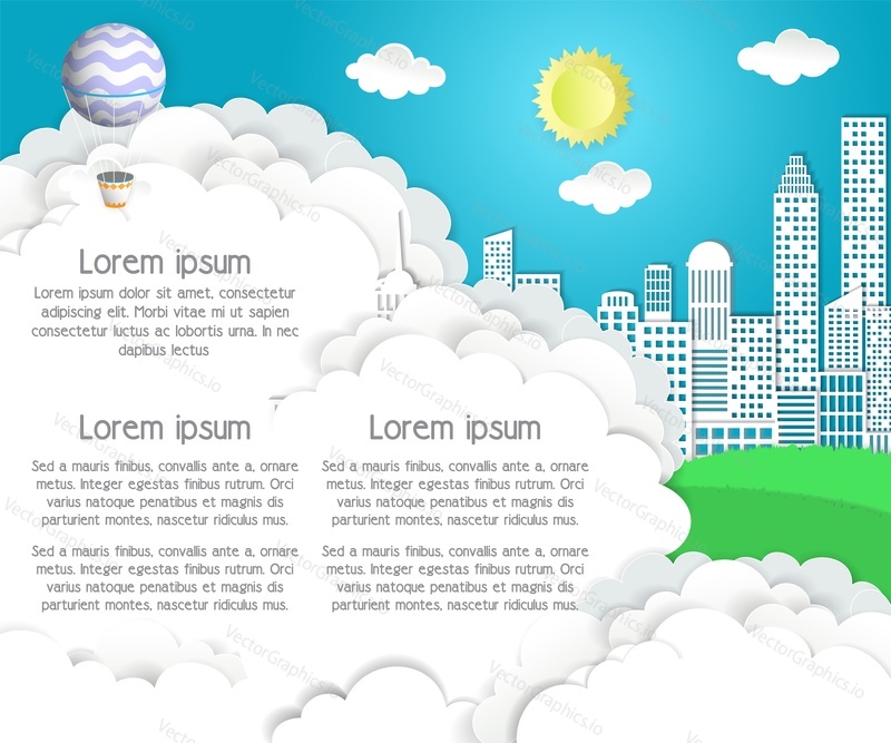 Daylight sky with sun, white clouds, flying hot air balloons, cityscape and copy space. Vector illustration in paper art style. Cityscape background, poster, flyer, banner template.