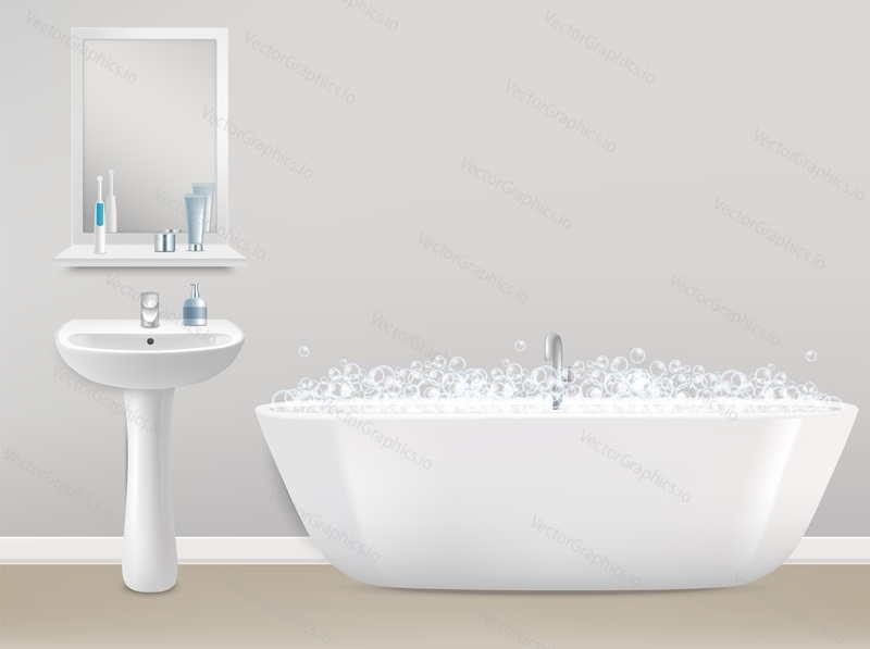 Modern bathroom interior realistic vector illustration. White bathtub with soap bubbles, sink and mirror with shelf and toiletries.
