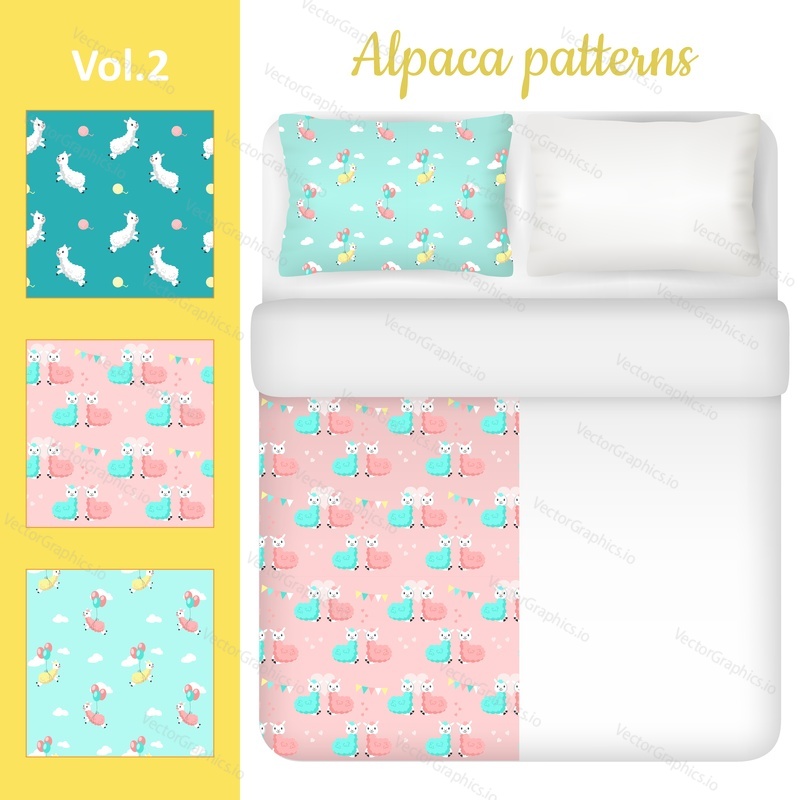 White blank and cute alpaca bed linen set. Three seamless patterns for kids bedding fabric samples with funny cartoon alpacas. Vector top view illustration.