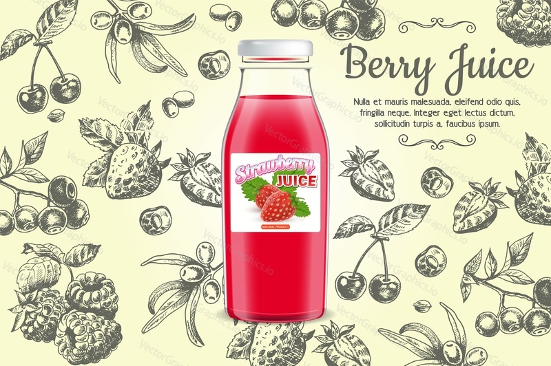 Шаблон дизайна плаката с ягодным соком. Векторная реалистичная стеклянная бутылка фруктового сока и нарисованные от руки клубника, вишня, малина, черника, пространство для копирования.