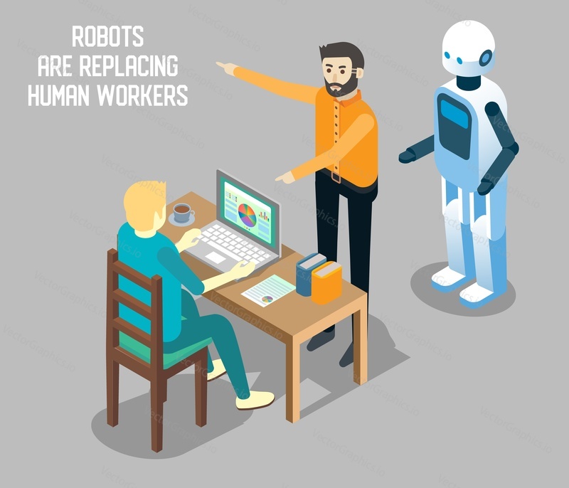 Influence of robot-based automation on human employment concept vector isometric illustration. Robots replacing human workers. Robots vs human labor.