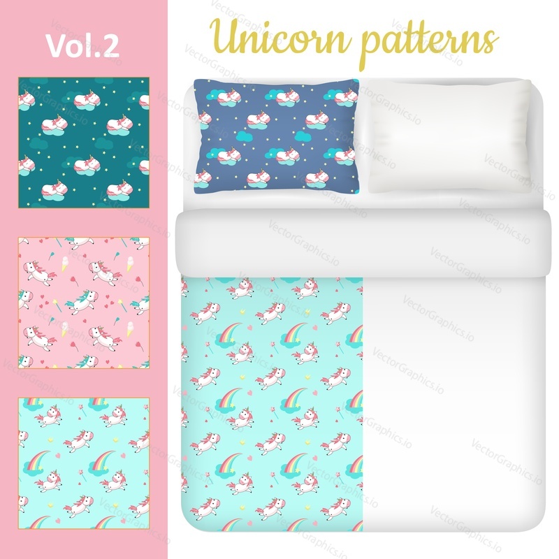 White blank and unicorn bed linen set. Three seamless patterns for kids bedding fabric samples with magic unicorns, rainbows, clouds, hearts. Vector top view illustration.