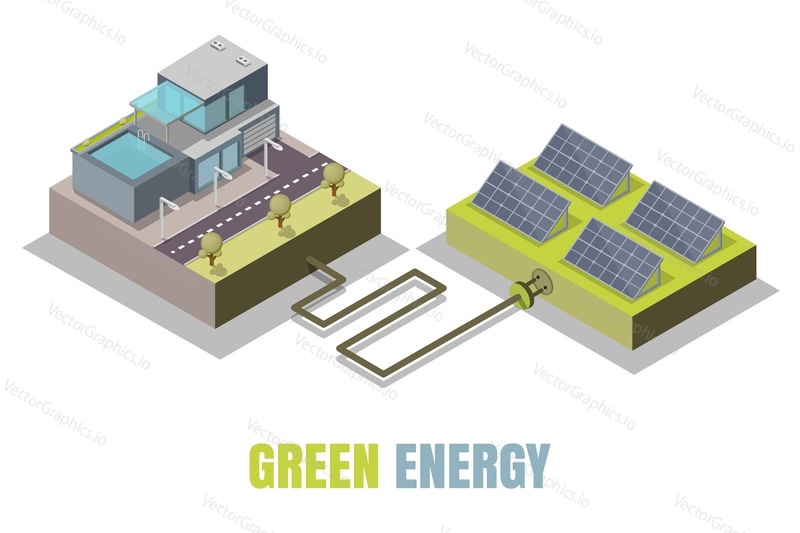 Green energy concept vector illustration. Isometric eco friendly modern house and solar panels producing electrical energy.