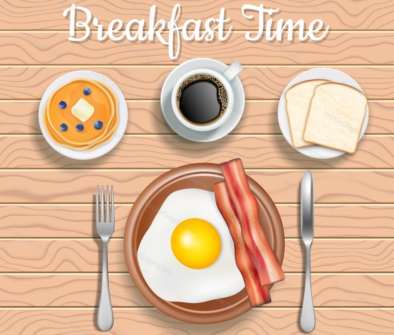 Breakfast time vector top view illustration. Pancakes with blueberries, fried egg with bacon, slices of bread and cup of coffee isolated on wooden background.