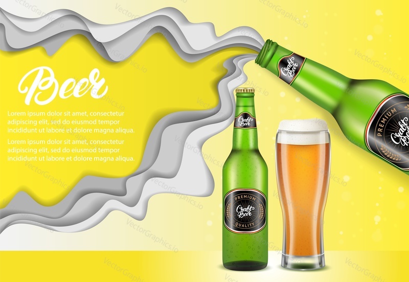 Green glass beer bottles with beer splashes, glass of beer and copy space. Vector paper cut craft beer poster, banner, flyer design template.