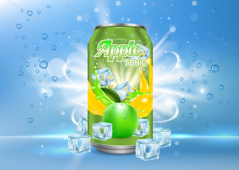 Apple tonic aluminum can packaging mock up. Vector realistic illustration of aluminium can with label of soft drink with ice cubes, bubbles. 3d apple tonic poster, banner, flyer design template.
