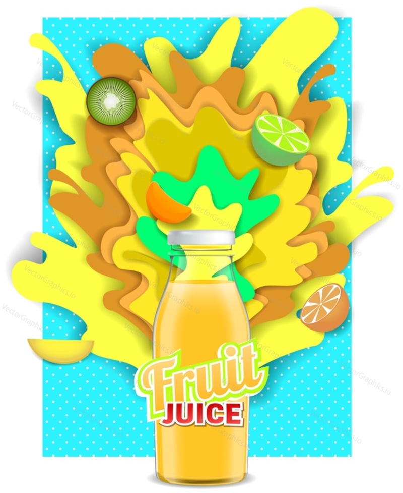 Tropical fruit juice drink. Vector paper cut poster, banner, flyer design template. Fruit juice glass bottle with juice splashes and fresh sliced kiwi, lime, mango, orange.
