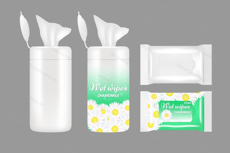 Wet wipes package mockup set. Vector realistic illustration of white blank and chamomile wet wipes plastic packaging bags and plastic containers with flap.