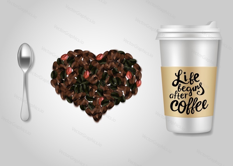 I love coffee quote. Vector illustration of takeaway coffee cup with coffee sayings, spoon and coffee beans heart.