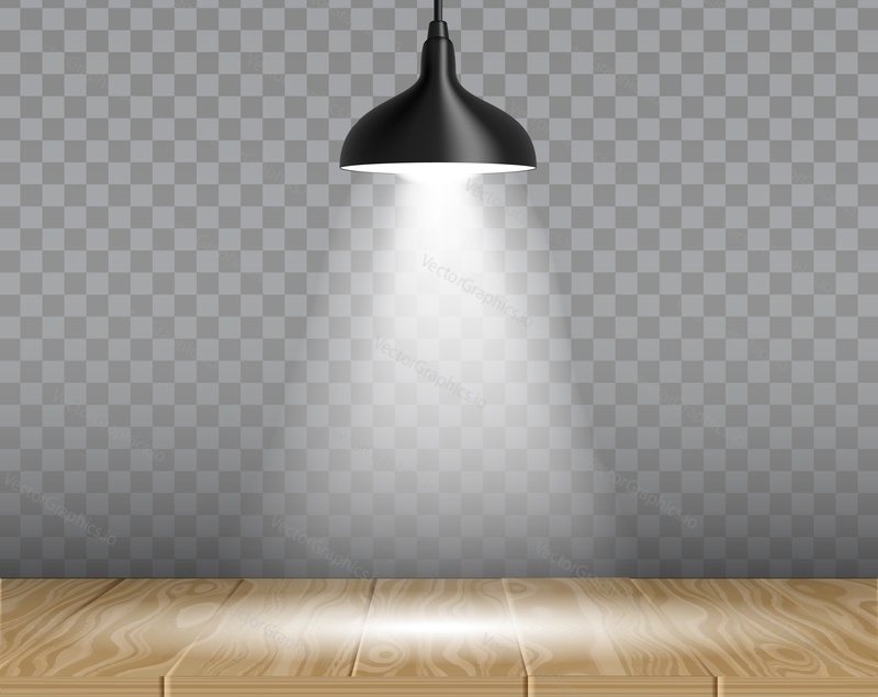 Hanging ceiling lamp over wooden table. Vector realistic illustration of black pendant luminaire isolated on transparent background.