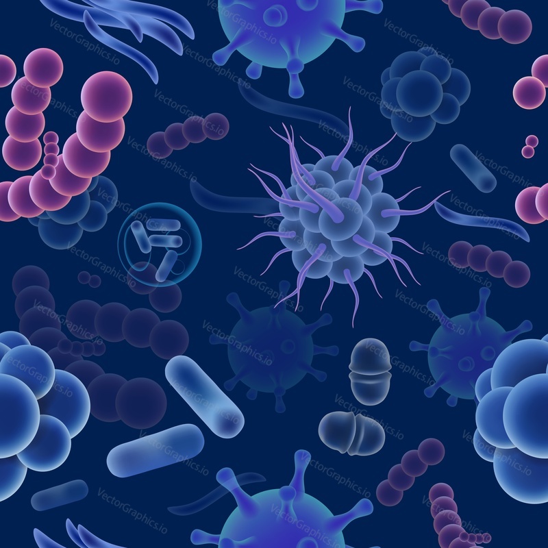 Vector seamless pattern with various shape and color viruses, bacteria and germs.