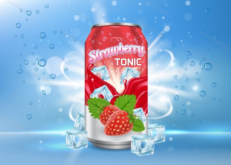 Strawberry tonic poster, banner design template. Vector realistic illustration of fruit soft drink aluminum can packaging mock up, ice cubes, bubbles.