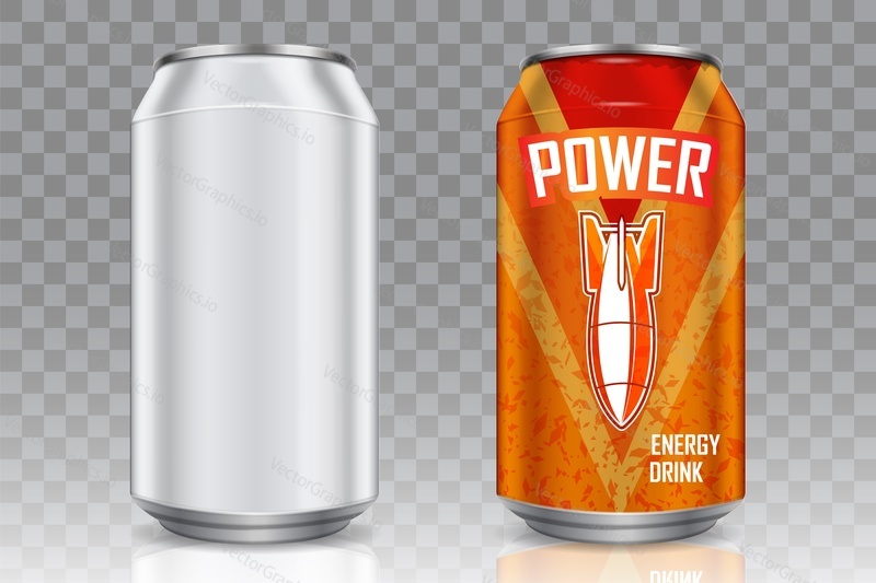 Aluminum beverage can mockup set. Vector realistic illustration of blank beer soft drink can and with energy drink label can isolated on transparent background.