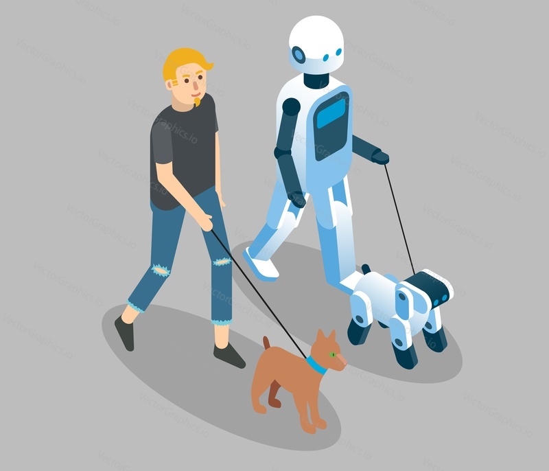 Vector isometric illustration of man walking with dog pet and domestic service robot walking with robot dog.