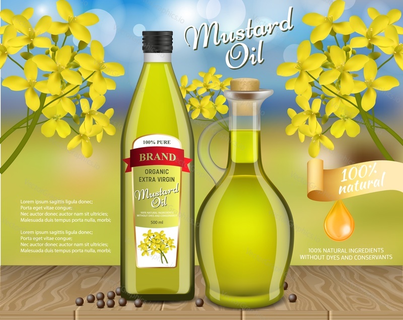 Mustard oil ads. Vector realistic illustration of mustard oil glass bottle glass pitcher packaging mockups, mustard plant and seeds, copy space. Mustard oil poster, banner design template.