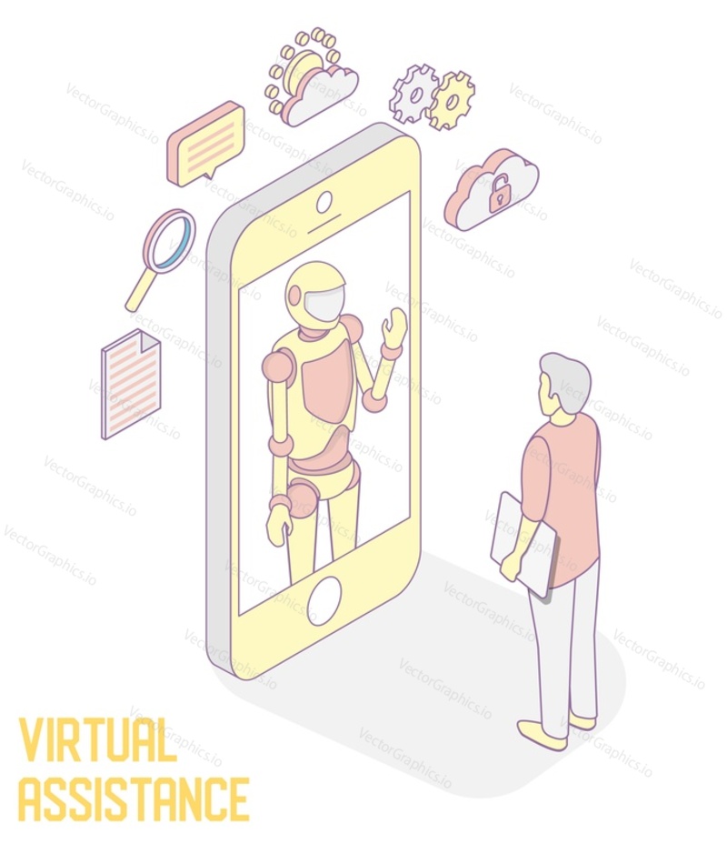 Personal assistant mobile apps vector concept illustration. Isometric smartphone with robot virtual assistant or chatbot communicating with human male.