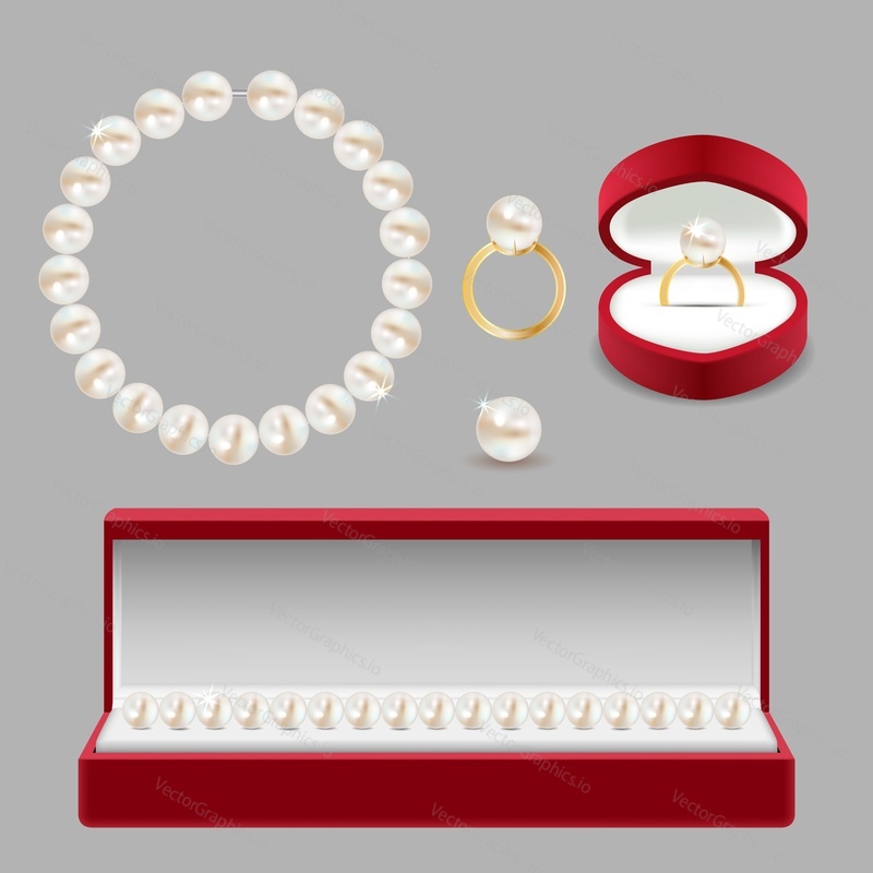 Pearl jewelery set. Vector realistic illustration of beautiful pearl bracelet, pearl ring in red velvet jewelry boxes and separately.