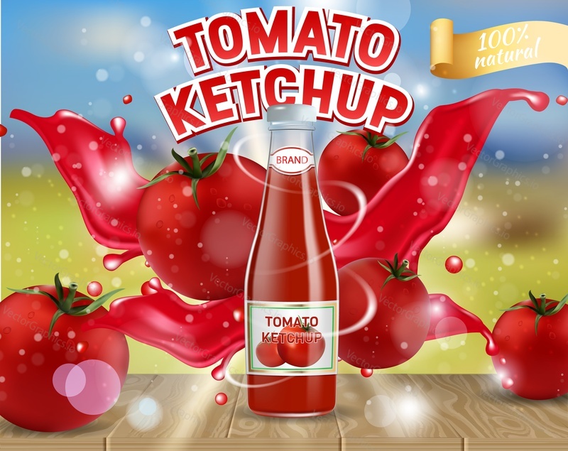 Реклама томатного кетчупа. Векторная реалистичная иллюстрация макета упаковки стеклянной бутылки с томатным кетчупом, свежие и спелые помидоры, брызги томатного сока.