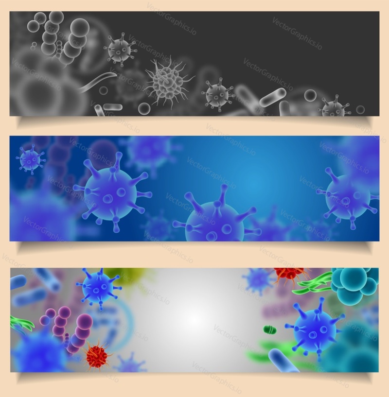 Векторный набор веб-шаблонов горизонтальных баннеров с различными микроскопическими вирусами, бактериями и микробами.