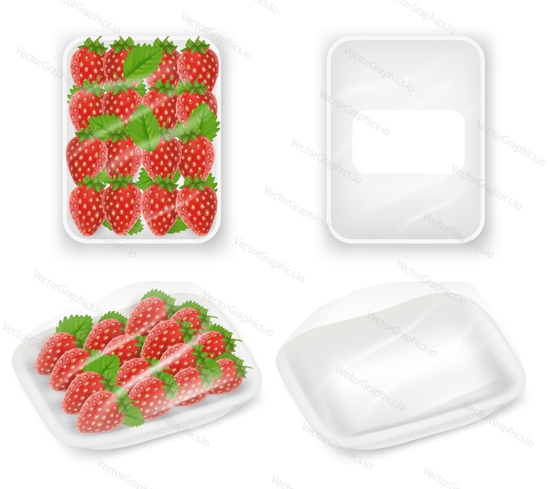 Белый пустой и клубничный пластиковый лоток для упаковки пищевых продуктов, обернутый макетом из полиэтиленовой пленки. Векторная реалистичная иллюстрация, изолированная на белом фоне.