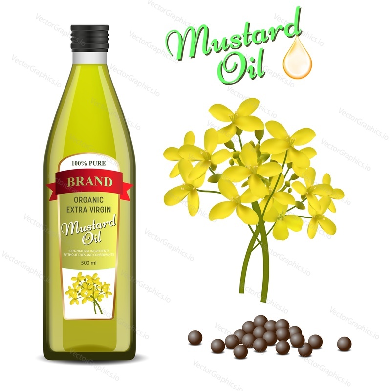 Mustard oil set. Vector realistic illustration of mustard oil glass bottle, mustard plant flower, mustard seeds isolated on white background.