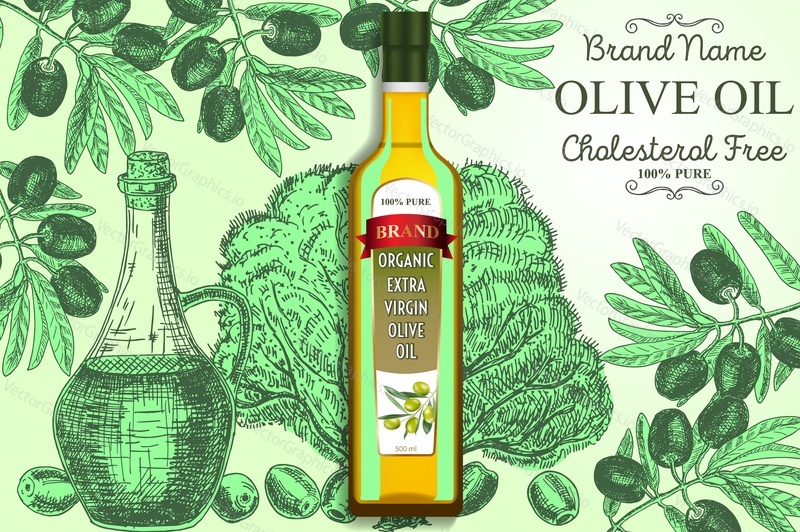 Olive oil ads. Vector realistic illustration of olive oil glass bottle packaging mockup, ink hand drawn olive fruit, branch, tree and olive oil glass pitcher.