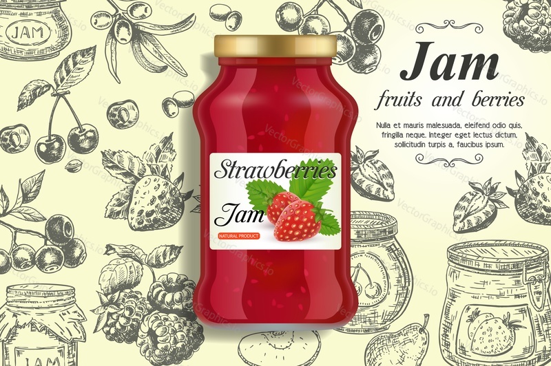 Strawberry jam ads. Vector realistic strawberry jam glass jar and hand drawn fresh strawberry, cherry, raspberry, blueberry, copy space. Fruit jam banner, poster design template.