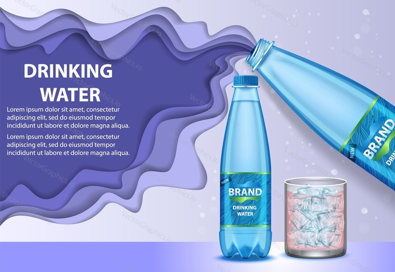 Drinking water poster, banner template. Vector paper cut illustration. Mineral water plastic bottles, drinking glass, water splash and copy space.