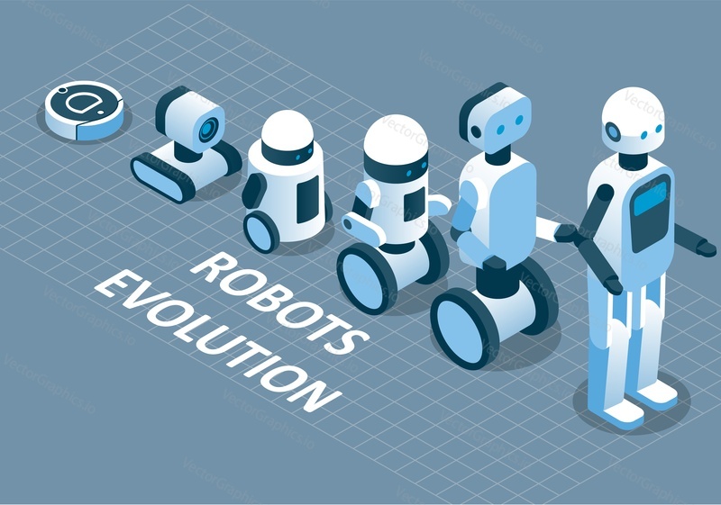 Evolution of robots concept. Vector isometric robots from simple single-task machine to modern service robotics.