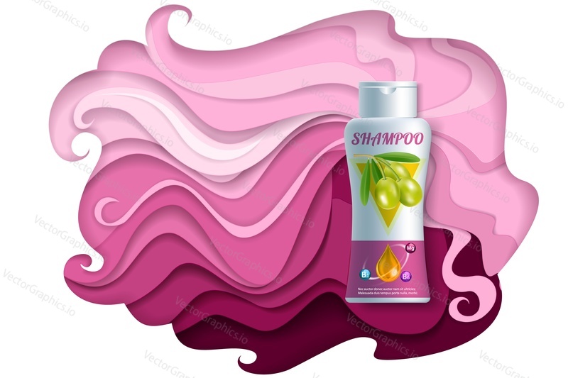 Shampoo ads vector paper cut illustration. Hair care product olive hair shampoo plastic bottle packaging mock up and beautiful pink long wavy woman hair.