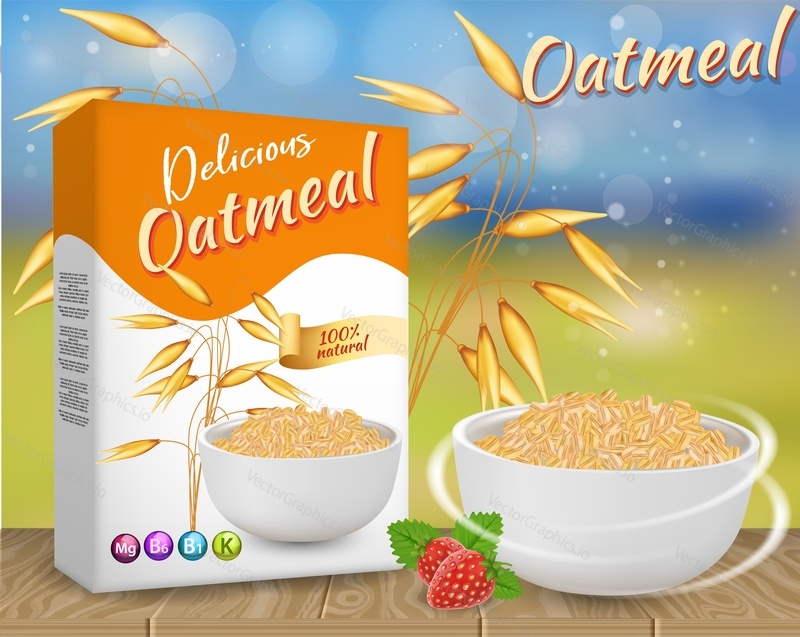 Oatmeal ads. Vector realistic illustration of oat flake carton box package mockup, bowl of oat flakes and oat ears.