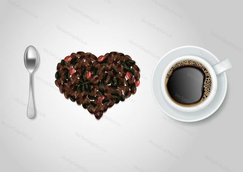I love coffee quote. Vector top view illustration of coffee cup with saucer, spoon and coffee beans heart.