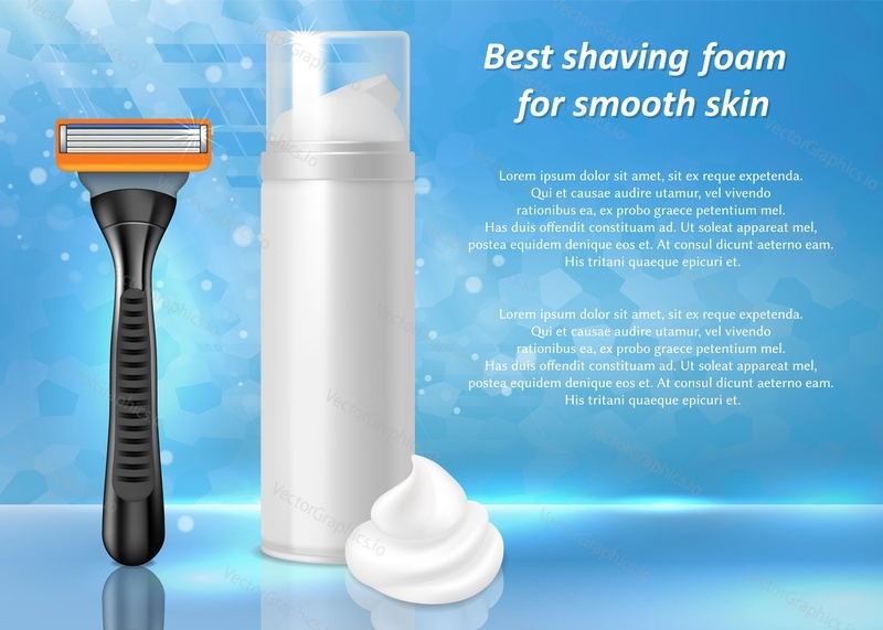 Best shaving foam for smooth skin ads. Vector realistic illustration of shaving foam bottle package and wet shave razor mockups. Shave and hair removal products poster, banner design template.