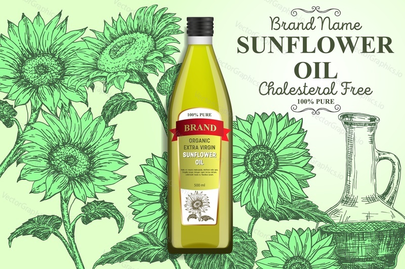 Sunflower oil ads. Vector realistic sunflower oil glass bottle packaging mockup, ink hand drawn sunflower plant parts, sunflower seeds, glass pitcher of cooking oil.
