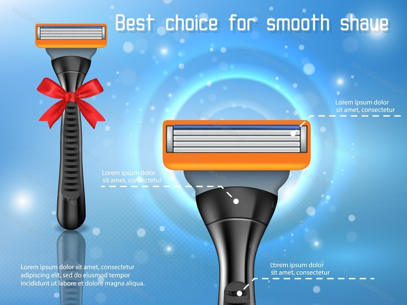 Mens shaving razor ads. Vector realistic illustration of wet shave razor mockups with copy space. Best choice for smooth shave concept poster, banner design template.