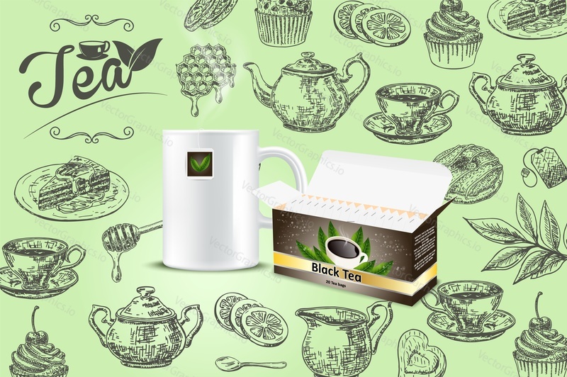 Tea poster banner template. Vector realistic cup of tea, paper box with teabags and ink hand drawn tea things, teabag, lemon, cupcake, donut, tea leaves and honey wooden stick.