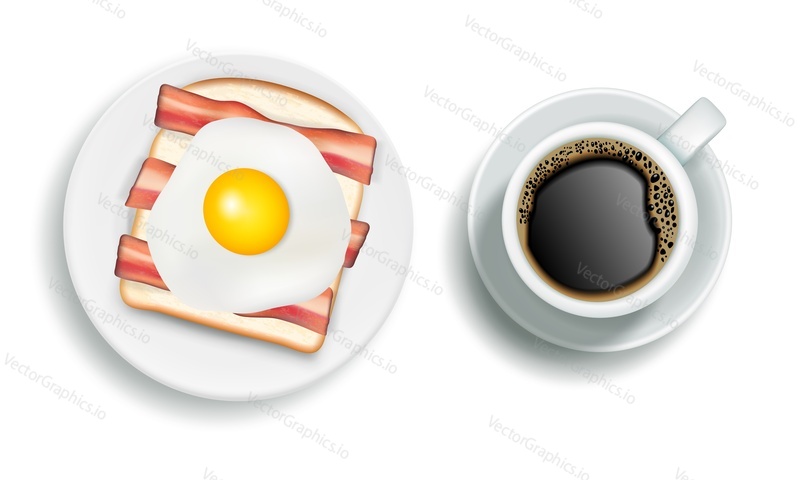 Vector realistic top view cup of coffee and fried egg with bacon on plate. American breakfast poster, banner, flyer, menu design elements.