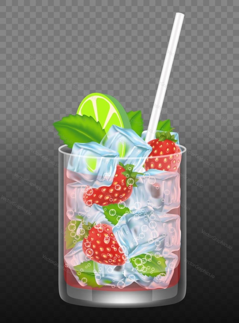 Strawberry mojito cocktail glass with fresh strawberry, lime, ice cubes, mint leaves and drinking straw. Vector realistic illustration isolated on transparent background.