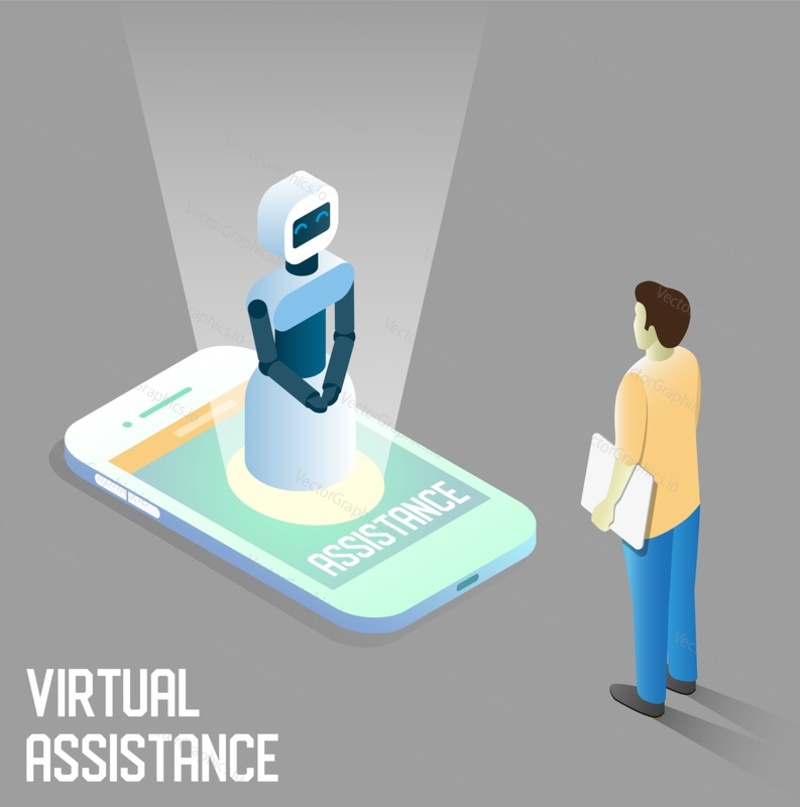 Virtual assistance vector concept illustration. Isometric smartphone with robot virtual assistant or chatbot communicating with human male. Personal assistant mobile apps.