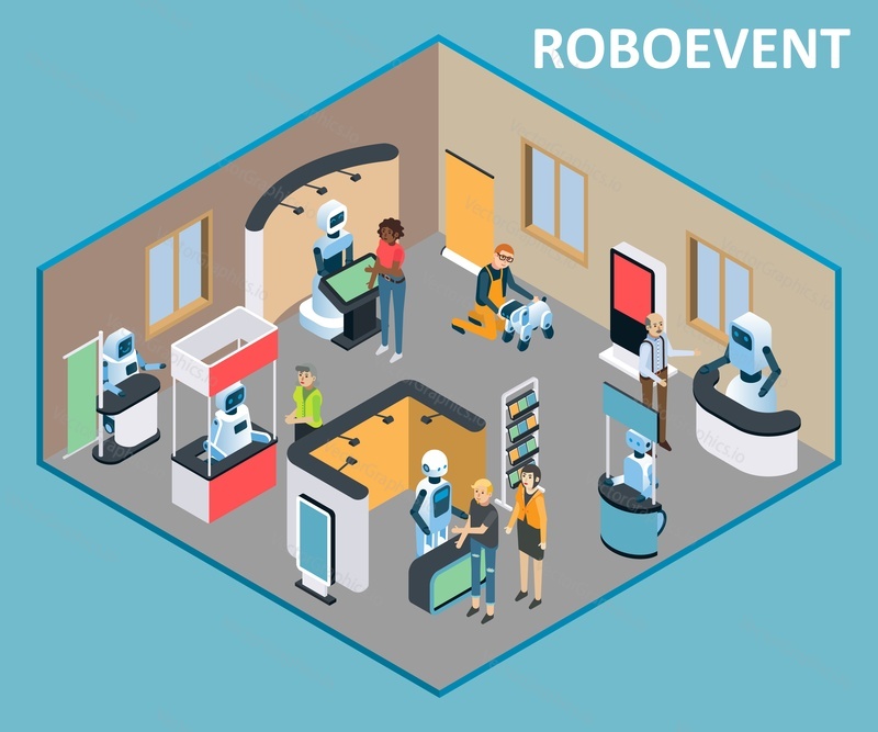 Robots event exhibition template. Vector isometric illustration of robots advertising realization of goods or services using promotional counters, display stands, flag banners.