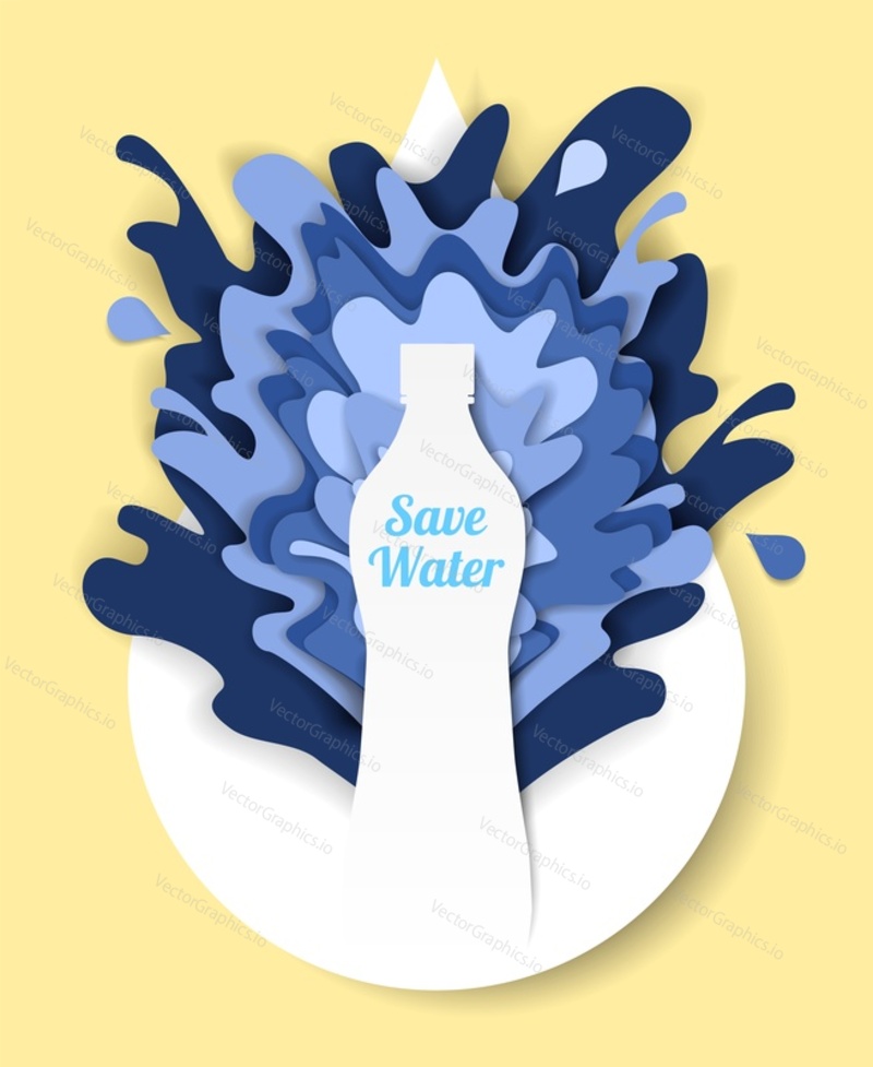 Ecology and environment conservation concept. Vector paper cut drinking water bottle with save water lettering and water splash.