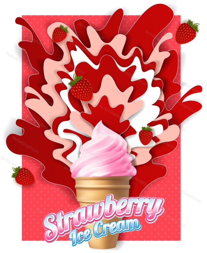 Strawberry ice cream poster design template. Vector paper cut ice cream cone with fruit juice splashes and fresh strawberries.