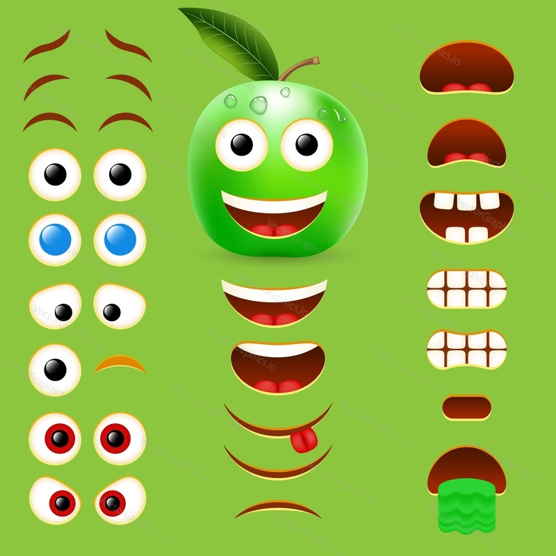 Green apple male emoji maker, smiley creator. Vector set of emoticon body parts for your own cool emoji creation.