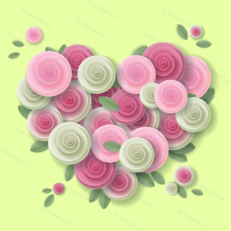 Rose heart vector paper art style design illustration. Greeting card template for Valentines Day, wedding or wedding anniversary.