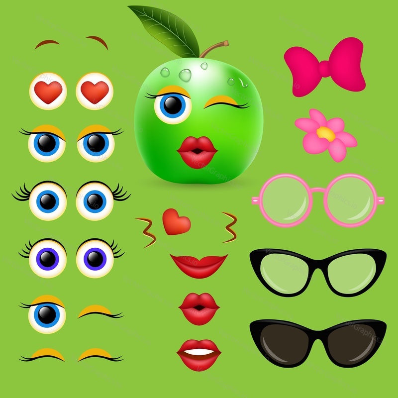 Green apple girl emoji maker, smiley creator. Vector set of emoticon body parts and accessories for your own cool emoji creation.
