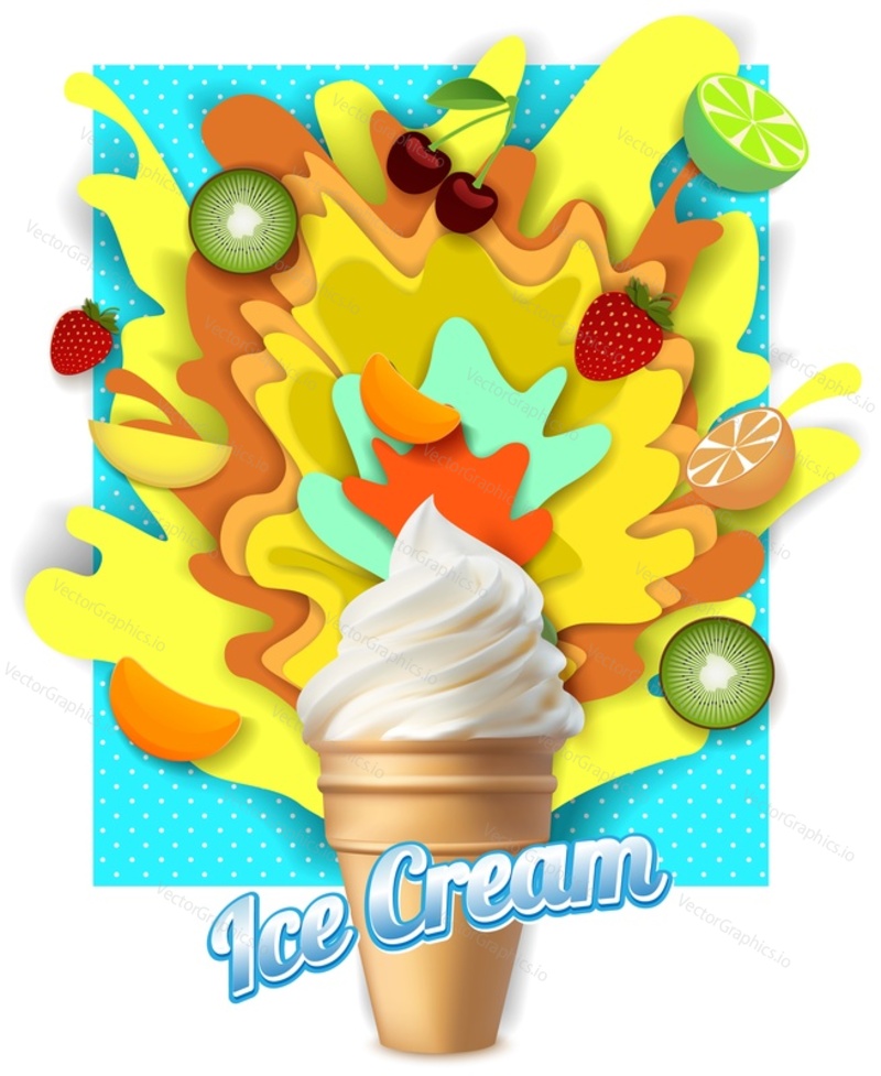 Fruit ice cream poster banner design template. Vector paper cut ice cream cone with fruit juice splashes and fresh starwberry, cherry, sliced kiwi, lime, mango, orange.