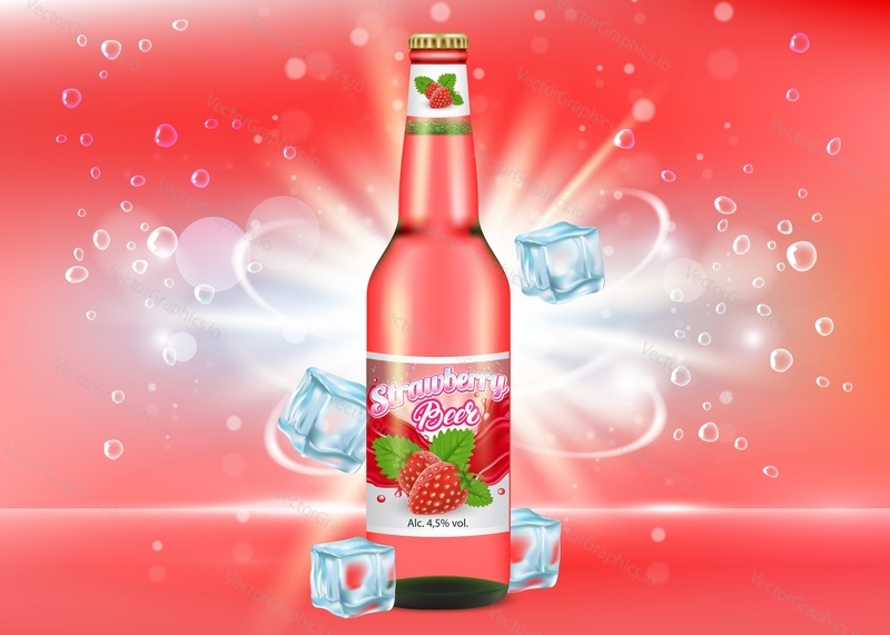 Strawberry beer poster, banner design template. Vector realistic illustration of fruit beer glass bottle packaging mockup, ice cubes, bubbles.
