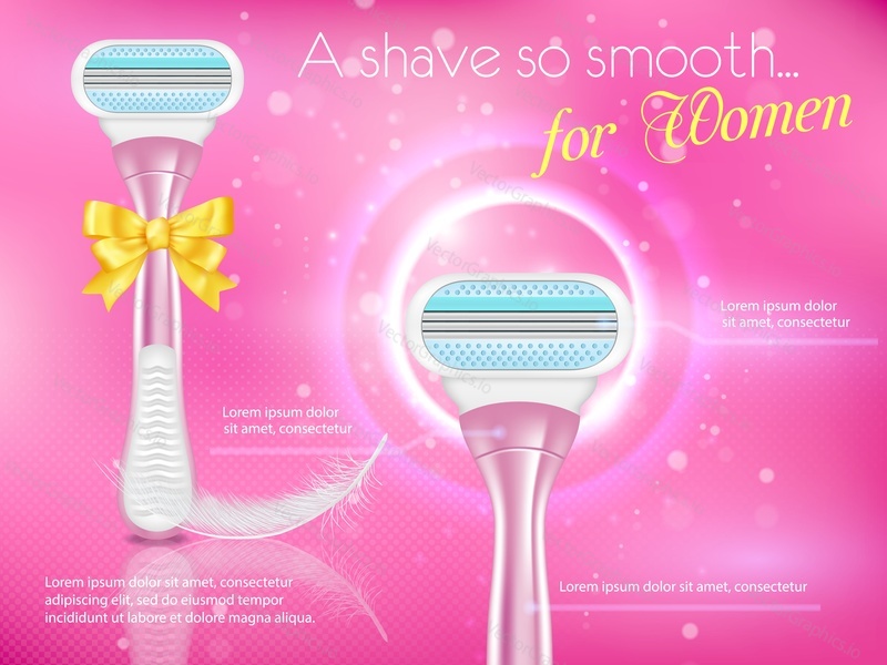 Women shaving razor ads. Vector realistic illustration of wet shave razor mockups with copy space. Smooth shave concept poster, banner design template.