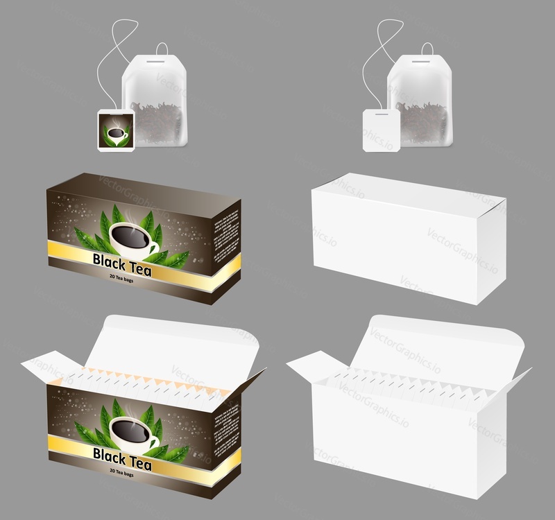 Tea paper box and tea bag packaging mock up set. Vector realistic illustration.