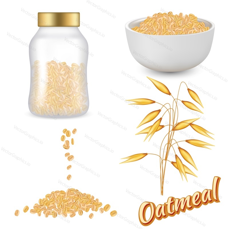 Oatmeal set. Vector realistic illustration of oat flakes glass jar, bowl of oatmeal, rolled oats and oat ear isolated on white background.